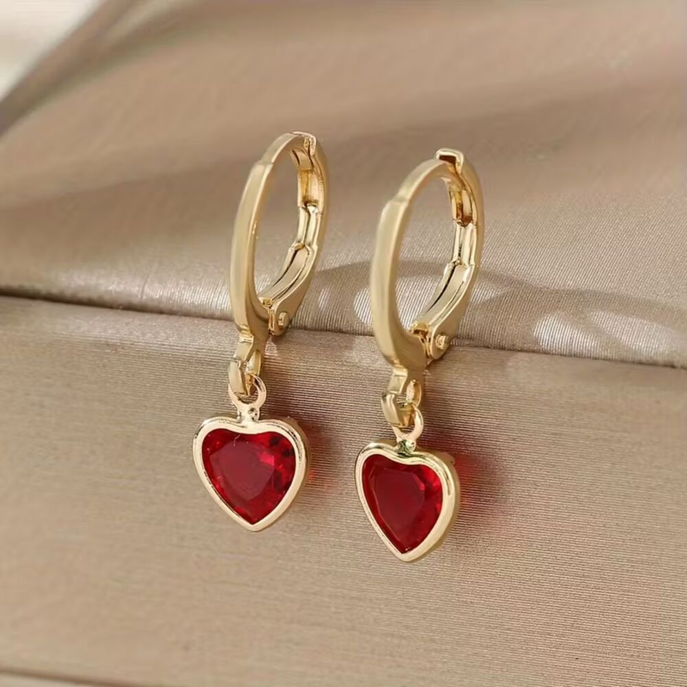 Red Heart Zirconia Crystal Dangle Hoop Earrings Gold Gemstone Drop Charm Pendant
